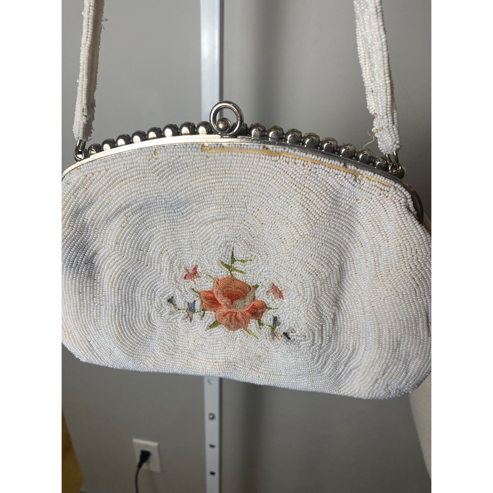 Vintage 1930's Floral Beaded Evening Bag Rhinestone Frame White Cream Purse - Picture 8 of 10